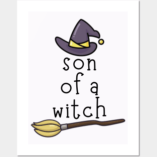 Cute Witch Hat and Broom Son of a Witch Halloween Posters and Art